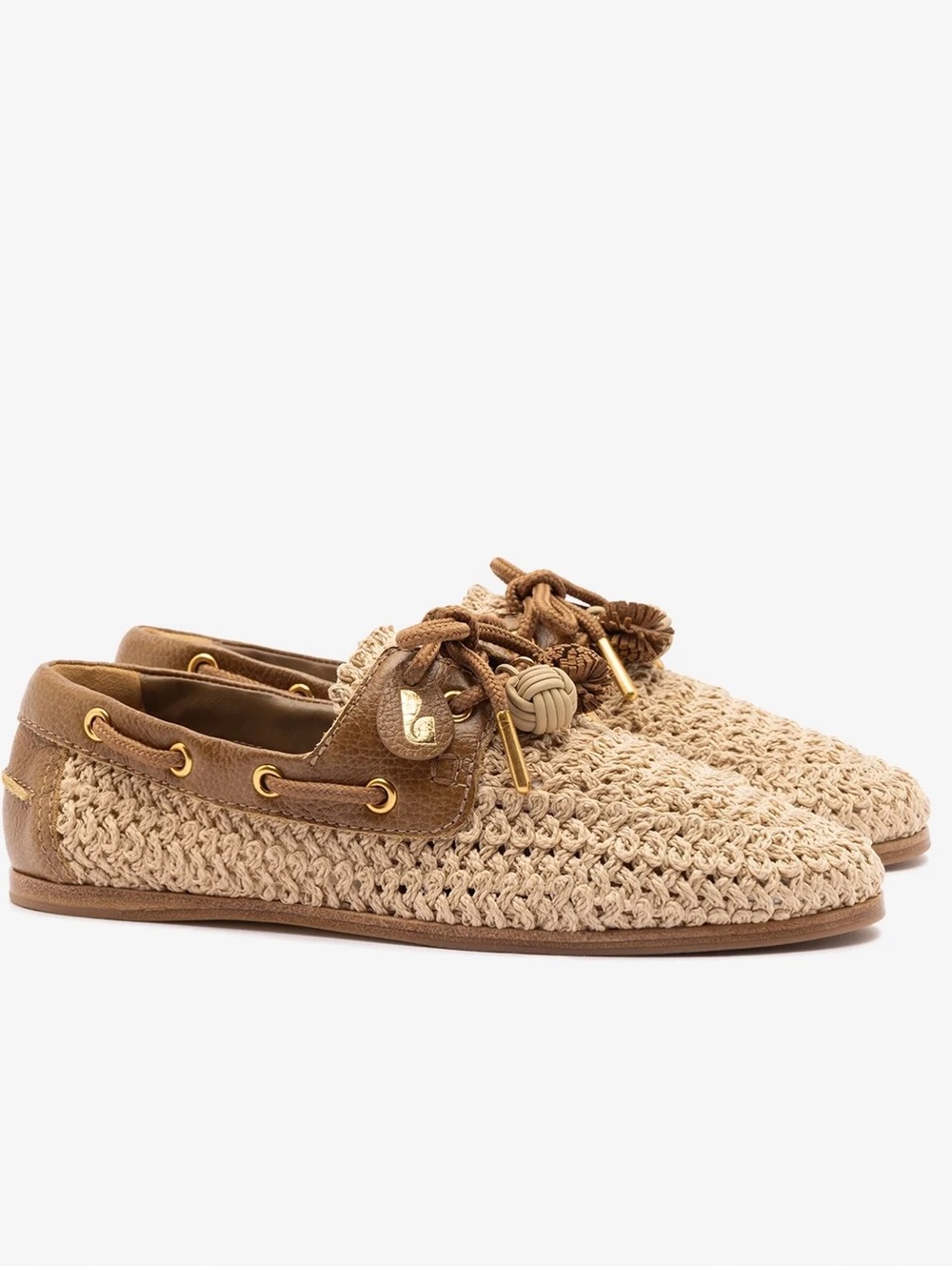 Larroude Crochet Boat Loafers in Natural and Russet